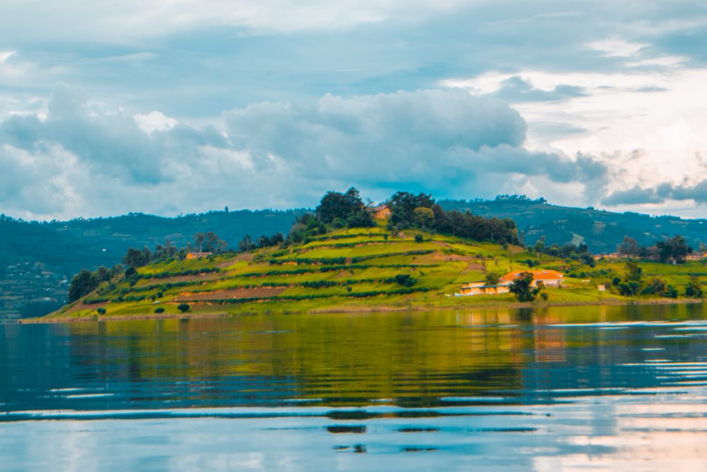 The green terraced hills that surround Lake Bunyonyi